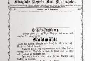 Geschäftsempfehlung Scheller Mühle im Amtsblatt Pfaffenhofen vom 1. September 1883