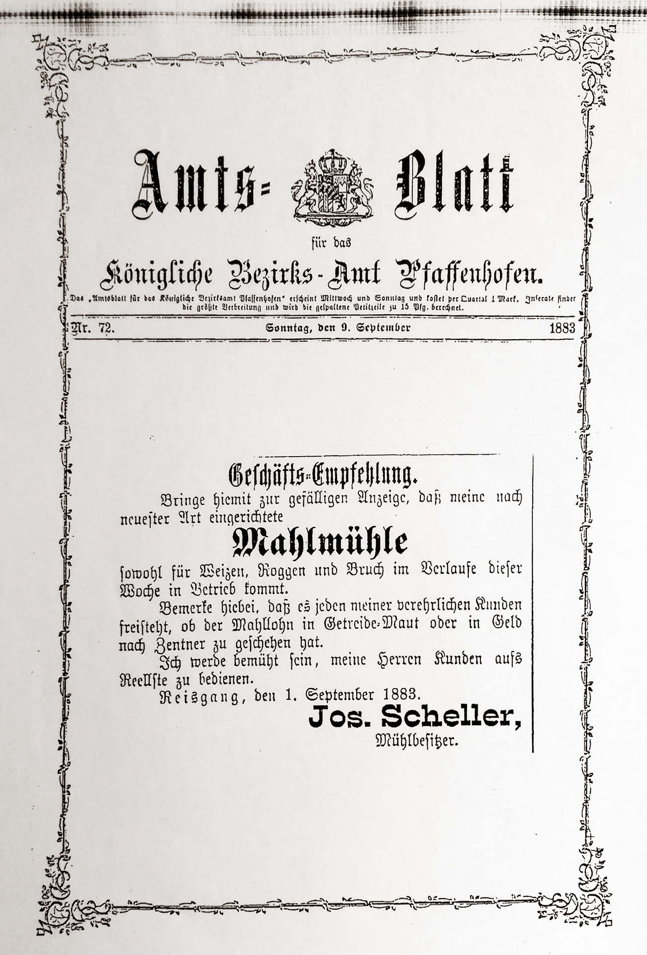 Geschäftsempfehlung Scheller Mühle im Amtsblatt Pfaffenhofen vom 1. September 1883